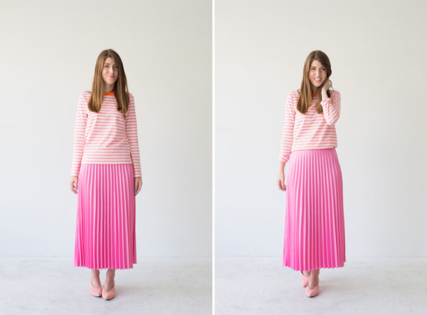 A girl in a pink shirt and pink skirt