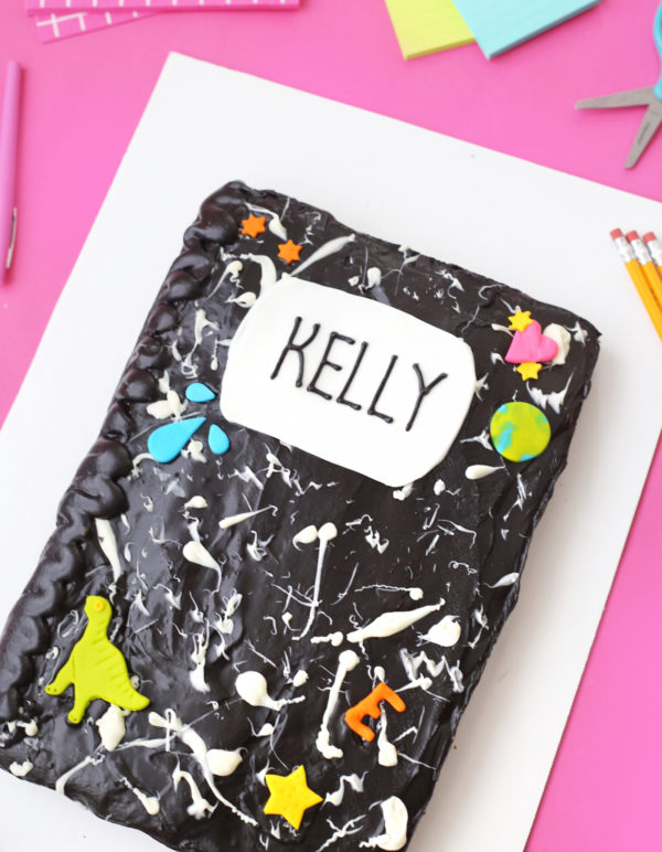 A composition notebook cake