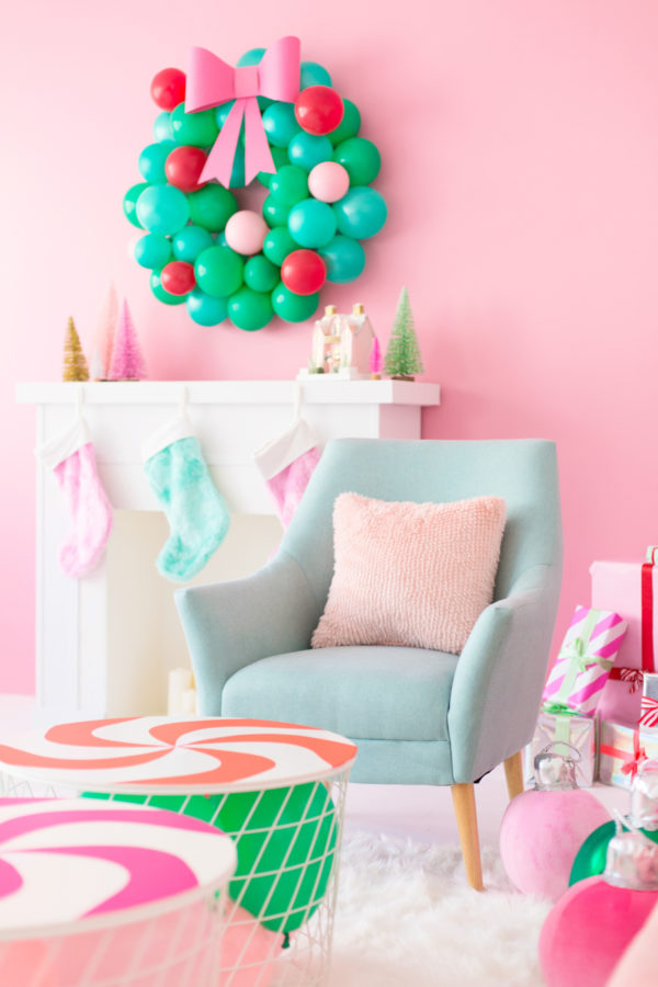 A colorful living room with Christmas decor