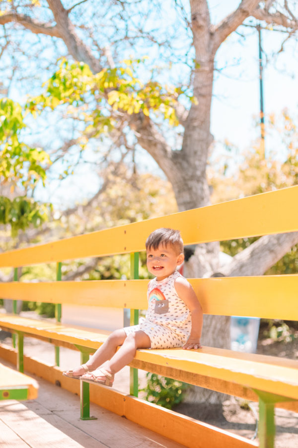 A boy sitting on a wooden bench