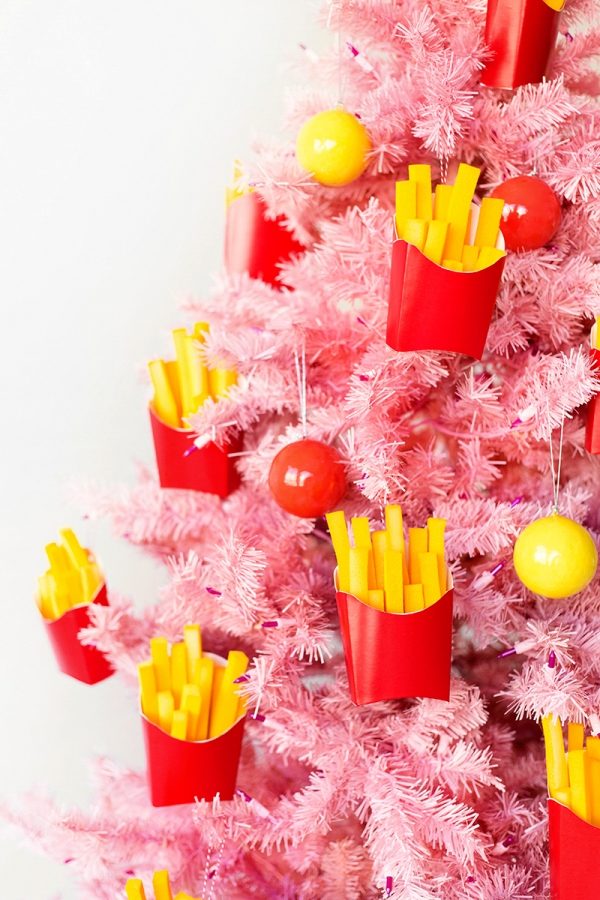 Fries ornaments on a pink Christmas tree