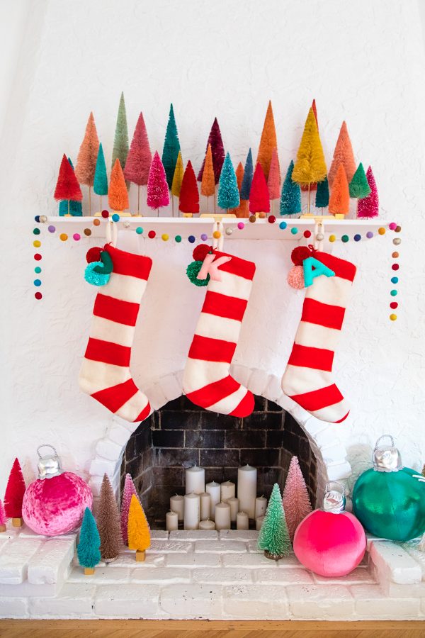 Holiday decorations on a fireplace