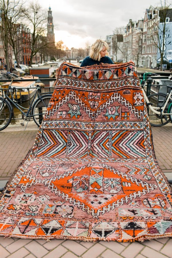 orange and aqua blue vintage boujaad rug