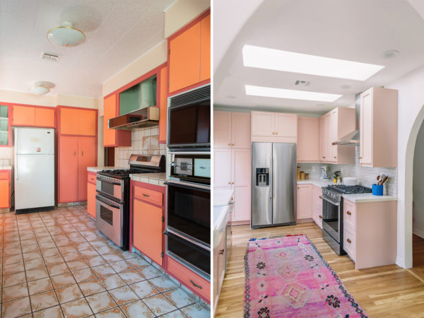 A kitchen with pink cabinets