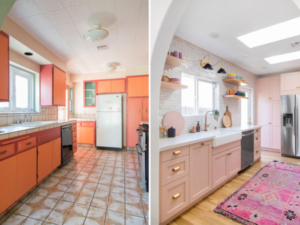 A kitchen with pink cabinets