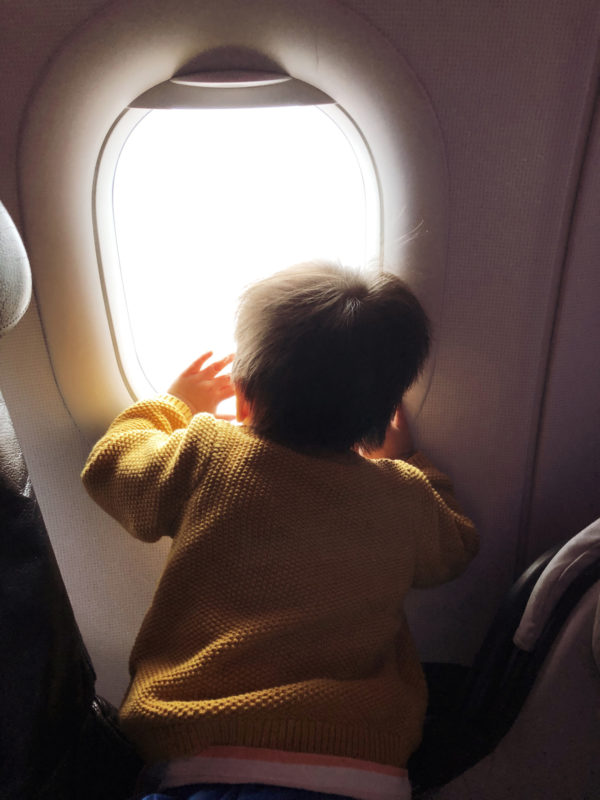 A boy looking out a plane window