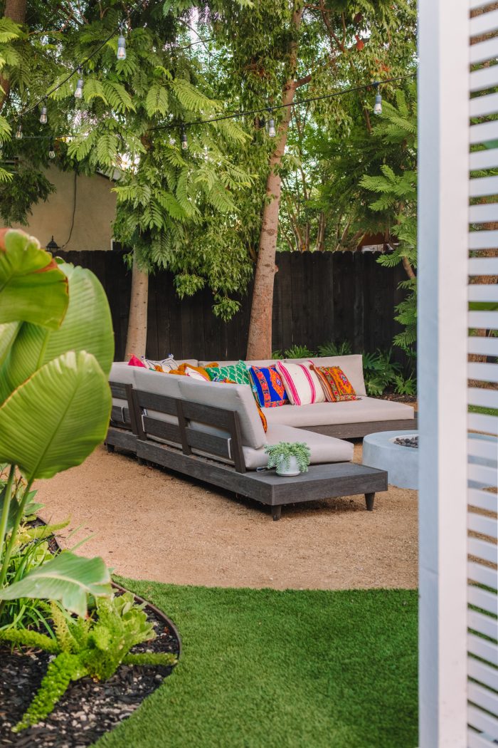 Colorful Outdoor Lounge Area with Fire Pit