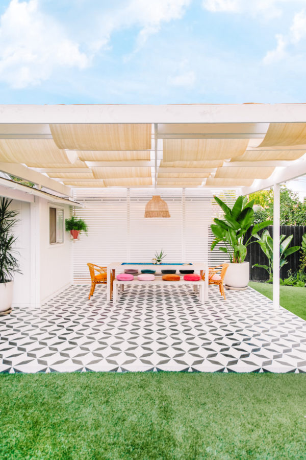 Bright Colorful Backyard with Pergola