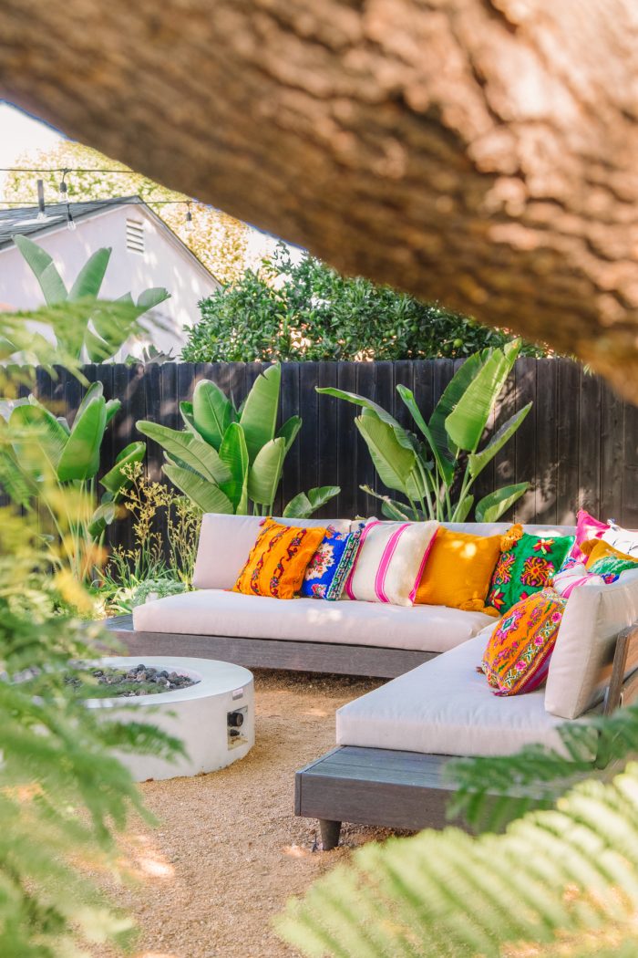 Colorful California Backyard with a Black Fence