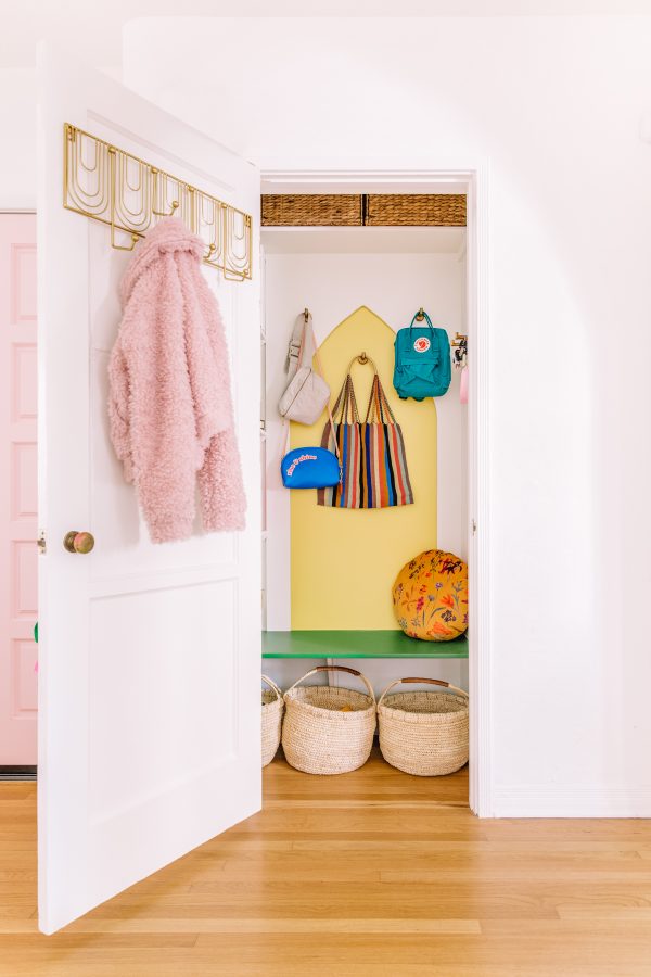 Closet with bags and baskets
