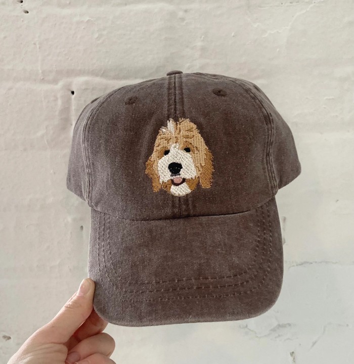 hat with embroidered dog