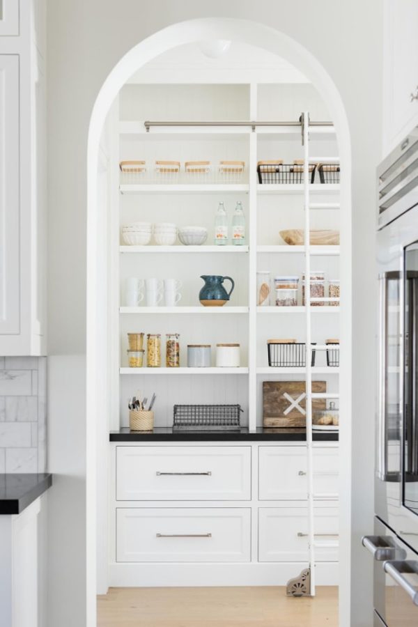 Shelves with food and bowls