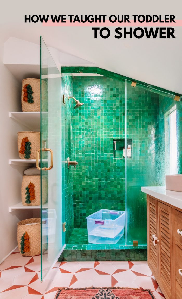 A green tiled shower