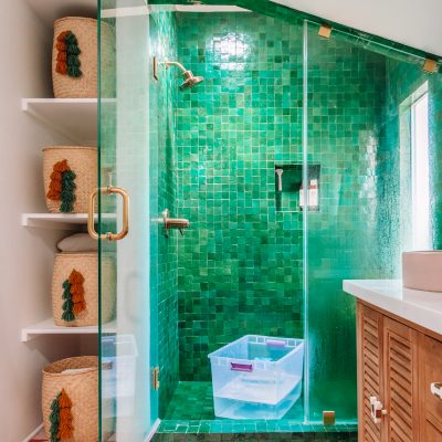 A green tiled shower