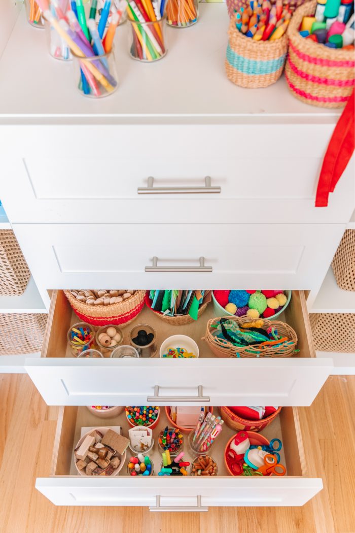 Drawers with pens and pencils