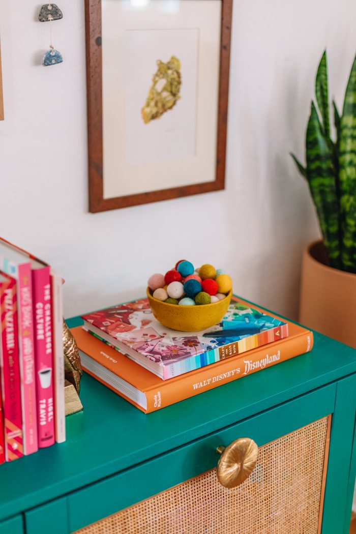 Colorful Books on an IKEA Hack Media Console