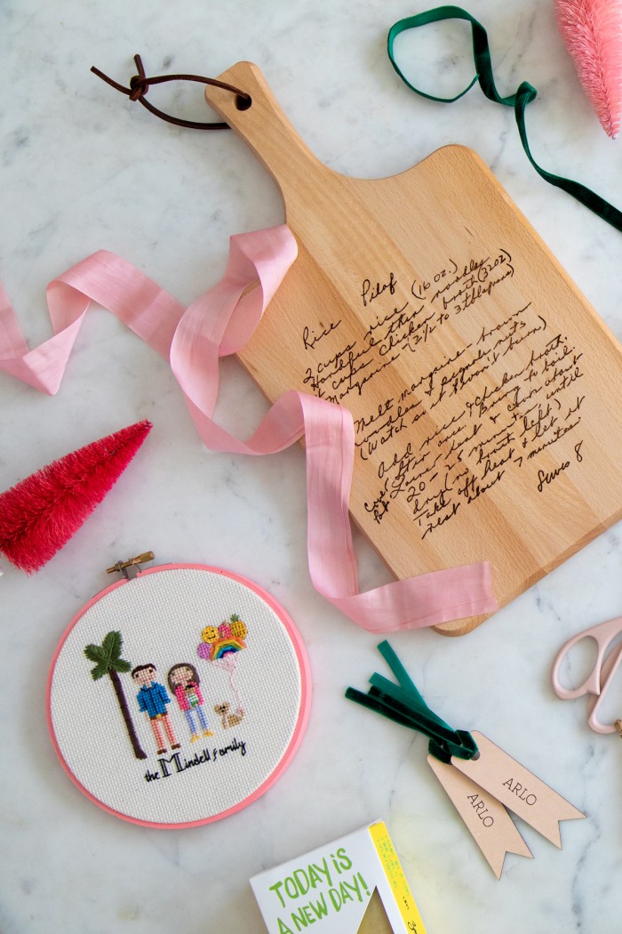 Recipe cutting board and cross stitch family portrait