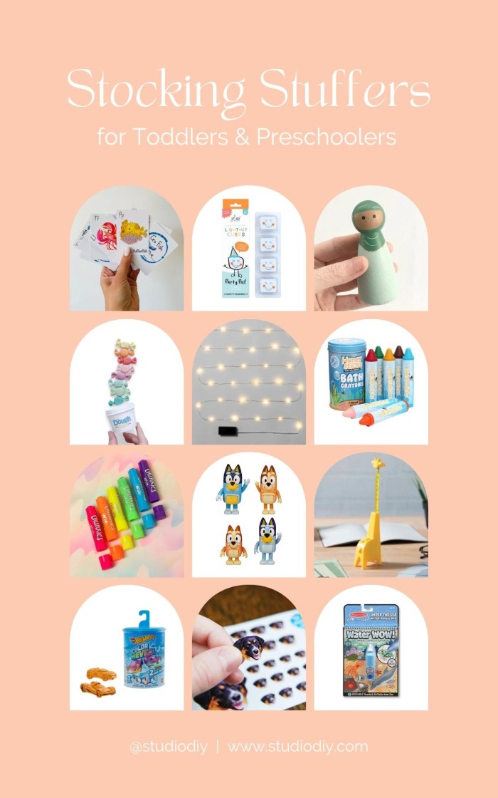 Photo collage of gift ideas for stocking stuffers for preschoolers