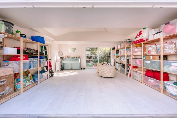 A studio with shelves and containers