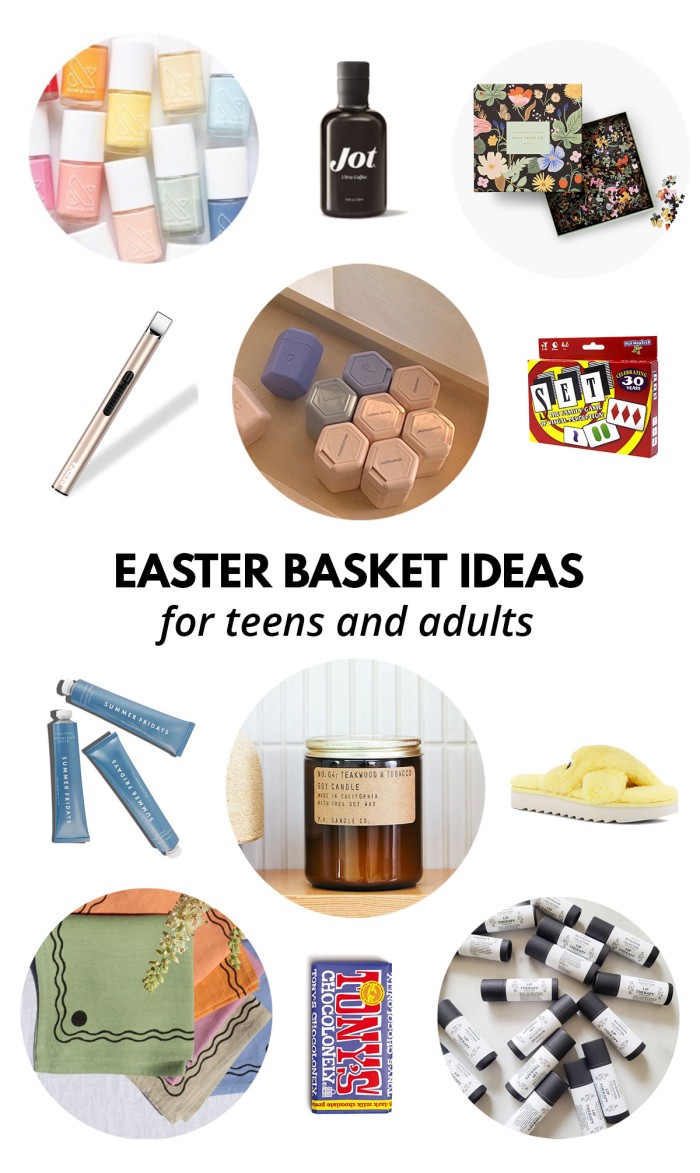 Collage of easter basket filler items with words "easter basket ideas for teens and adults"