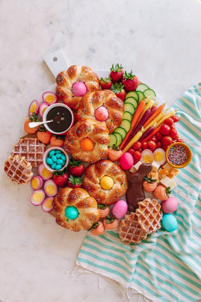 Food on a table, with Easter bread