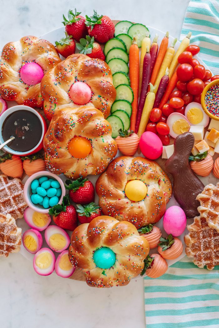 Food on a table, with Easter bread