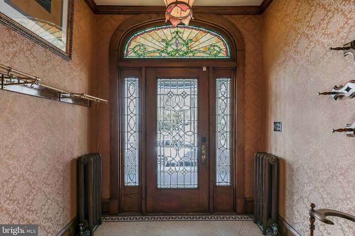 A detailed glass front door