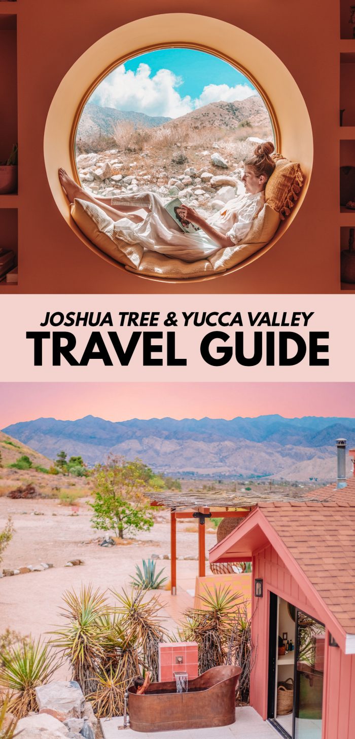 Woman sitting in front of circle photo window above a photo of the Yucca Valley desert with a pink house and sunset sky