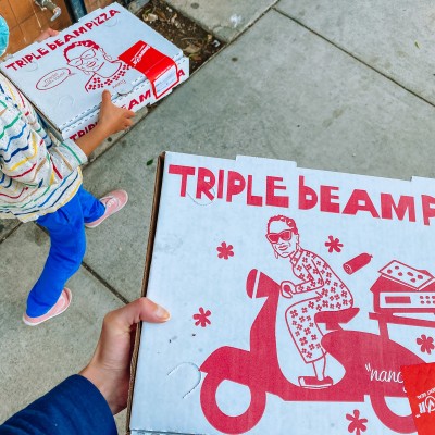 Triple Beam Pizza Boxes being carried in Los Angeles