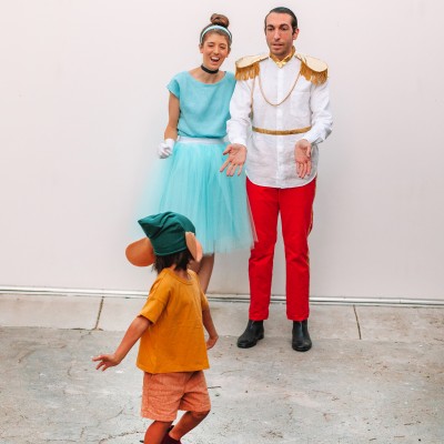 Cinderella Family Costume with Gus Gus in front of a white wall