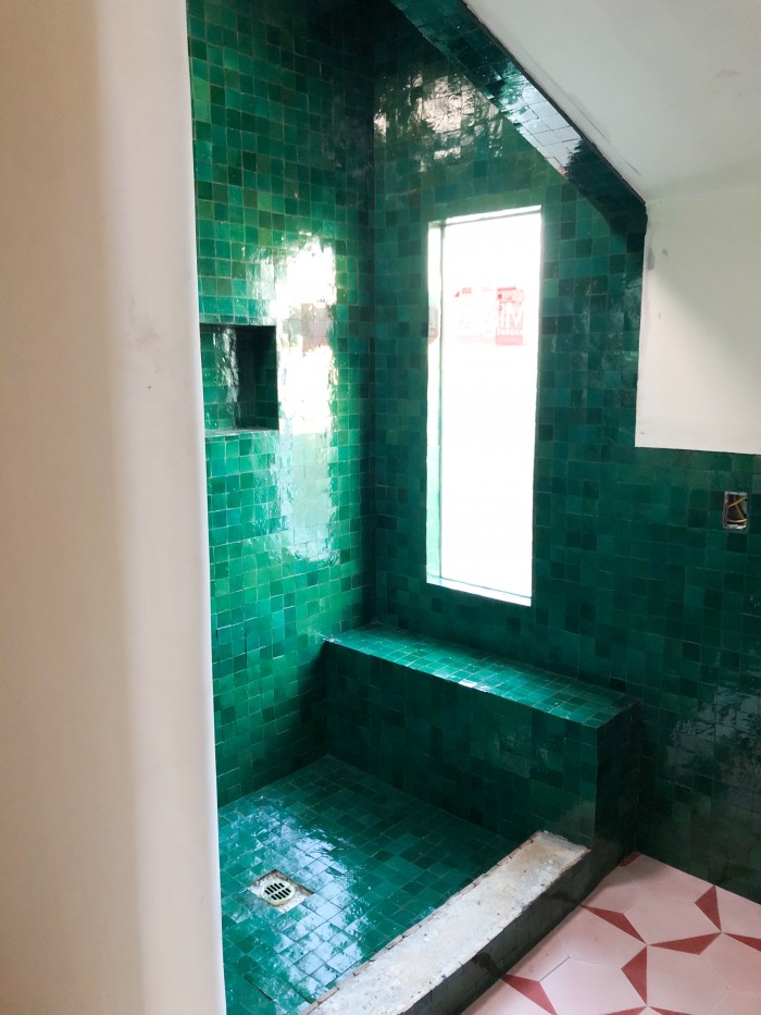 Green Zellige Tile Shower with Pink Tile Floor