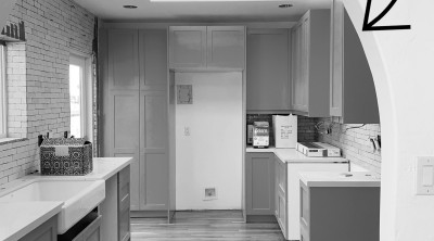 Black and white image of a kitchen with text overlay "our most costly design and renovation mistakes"