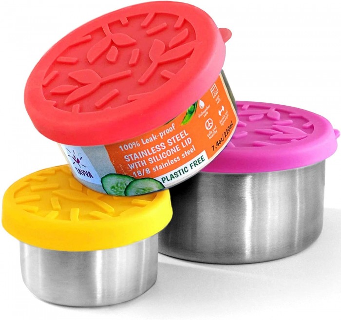 stainless steel snack storage containers with colorful silicone lids