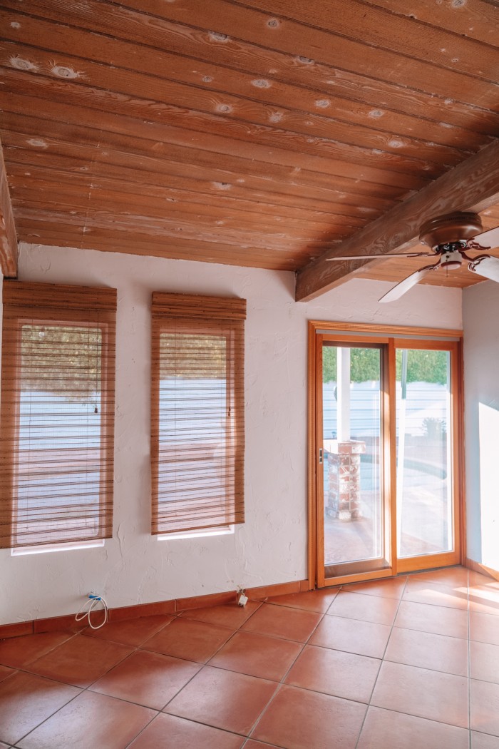 Room with wood vaulted ceiling