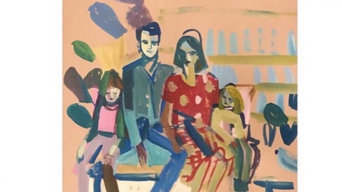 Colorful portrait gouache painting of family