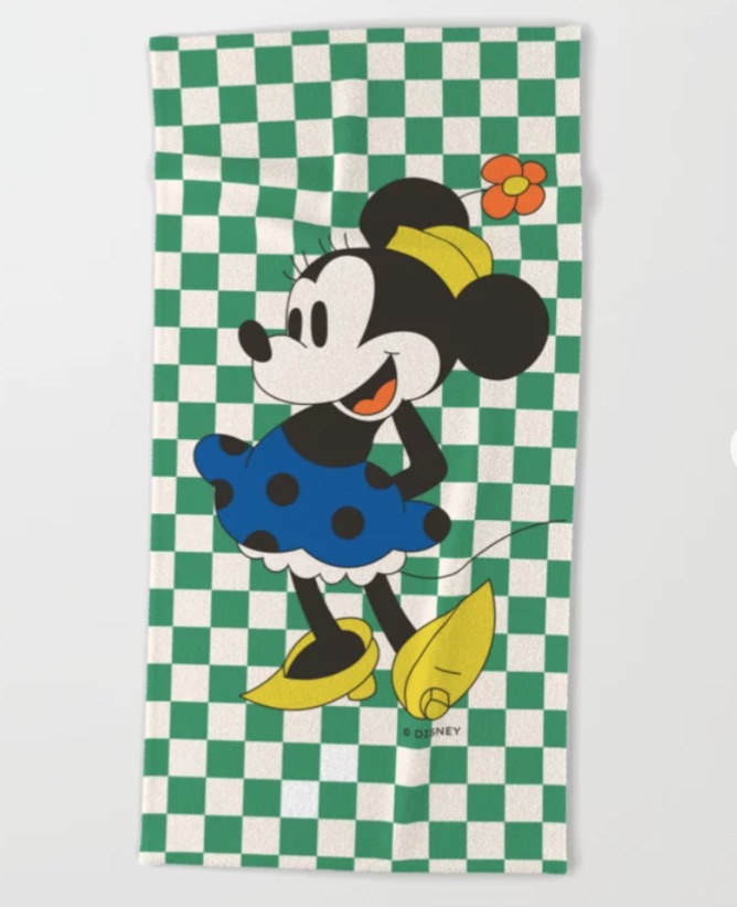 Minnie Mouse on a green and white checkered towel