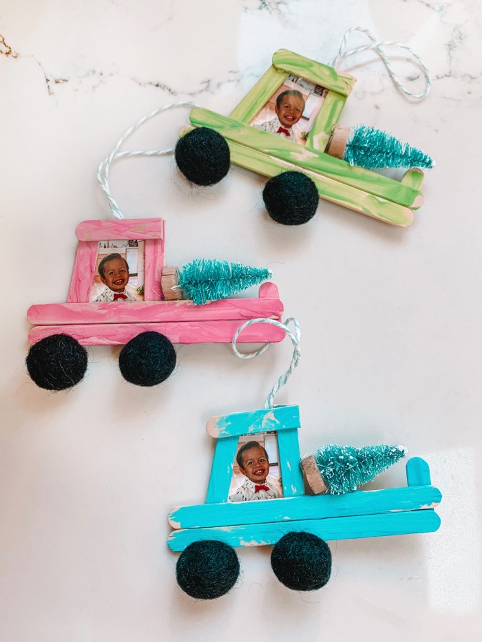 kid made popsicle stick truck Christmas ornament