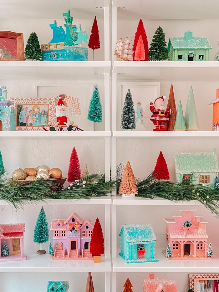 Christmas Decorations on bookshelves