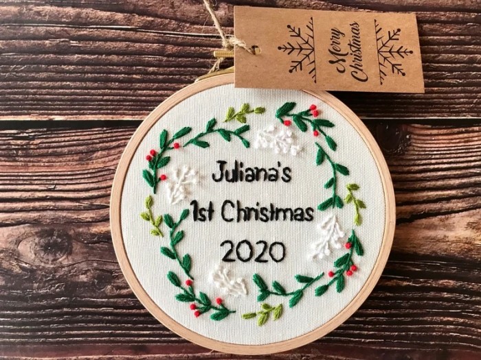 Embroidery hoop baby's first christmas ornament