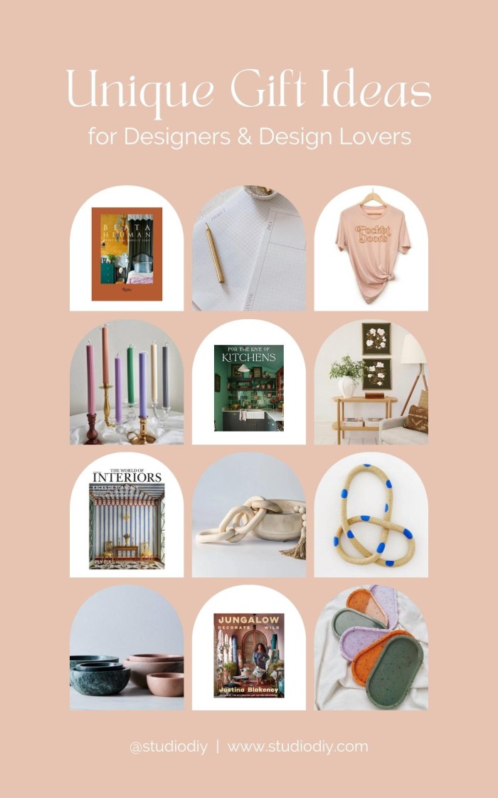 Photo collage with title "gift ideas for designers and design lovers"