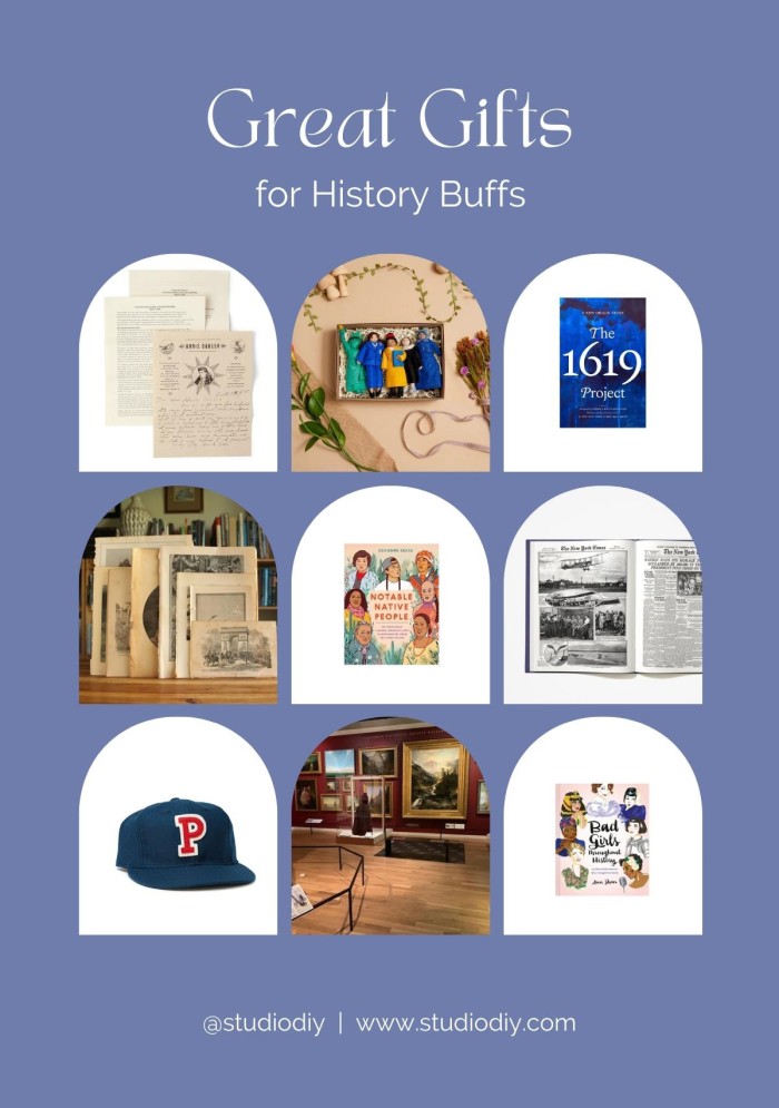 Photo collage of gift ideas for history buffs