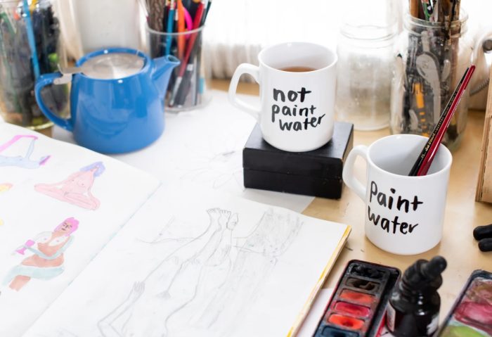 "not paint water" and "paint water" set of mugs