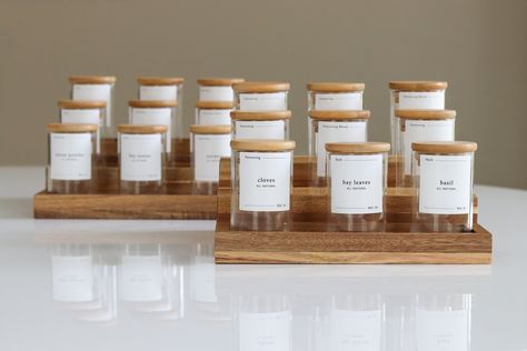Glass spice jars set with labels to make them easy to find