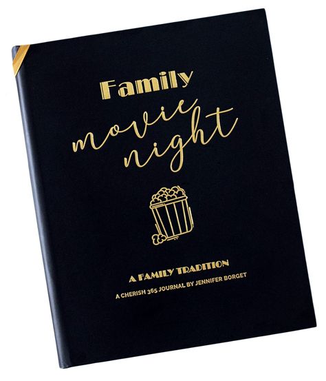 Cover of the family movie night journal; black with gold text. 
