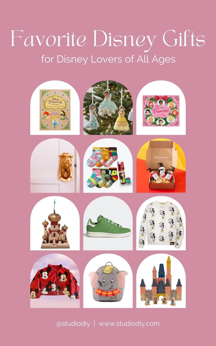 photo collage with title "favorite disney gifts for disney lovers of all ages"