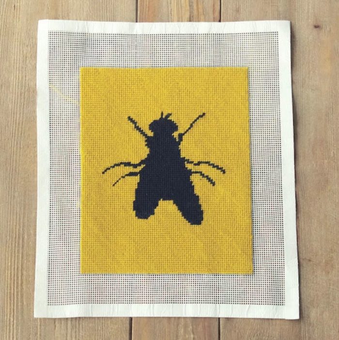 Modern Needle Point kit; example includes insect on yellow background