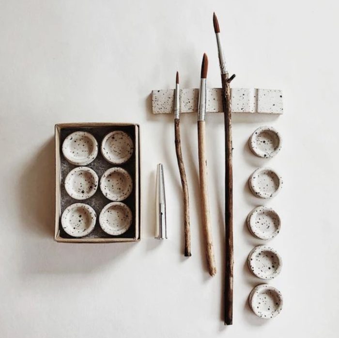 Ceramic paint pans with bowls and brushes 