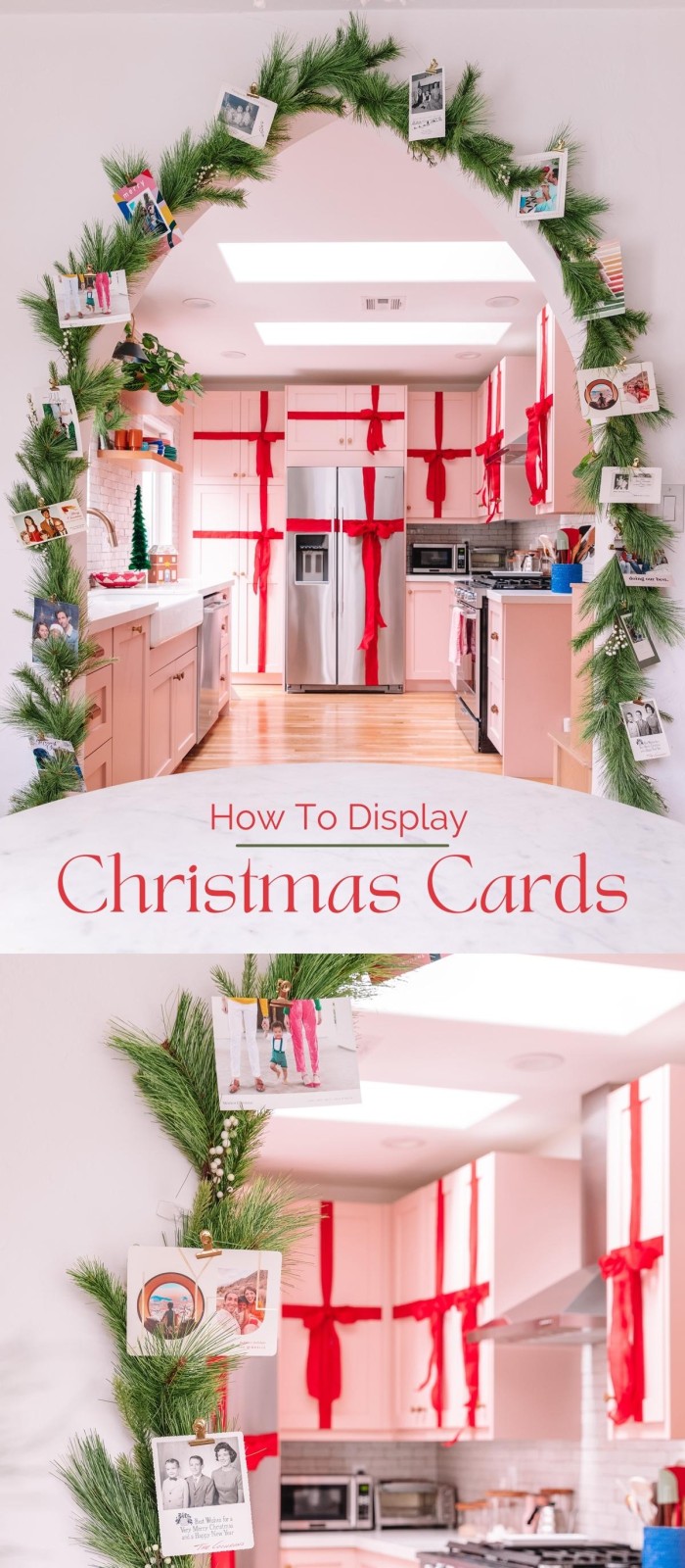 Christmas cards on garland with text "how to display christmas cards"