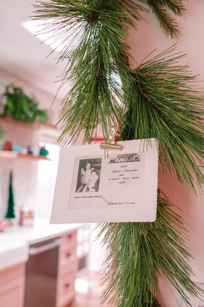 old Christmas card clipped to garland