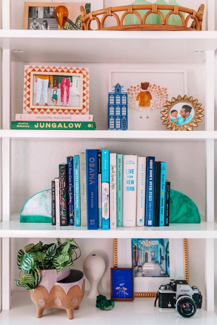 Styled bookshelves with books and decor